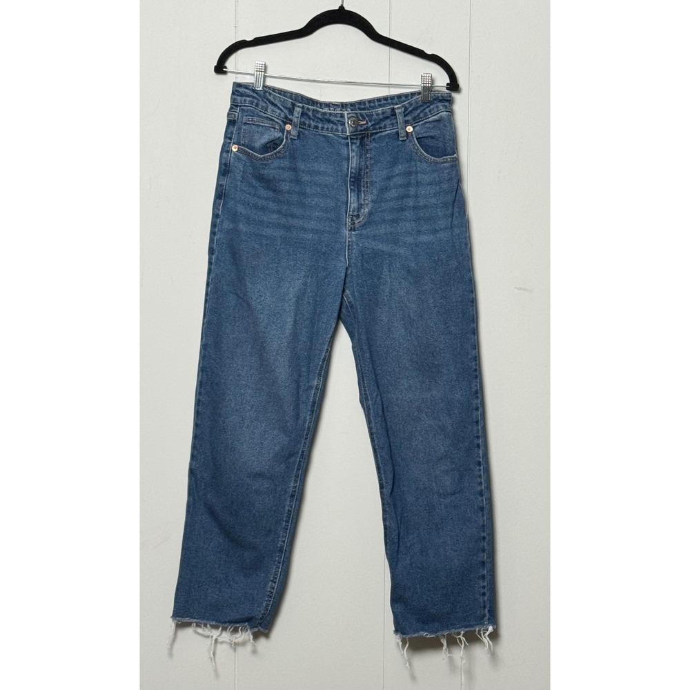 Wild Fable High Rise Straight Ankle Jeans Blue Medium Wash Frayed Hem Size 12